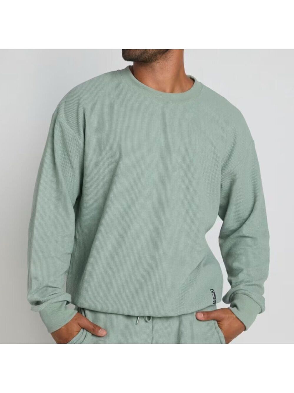 Comfrt Unisex Sage Green Oversized Crewneck Waffle Long Sleeve Top Size Small